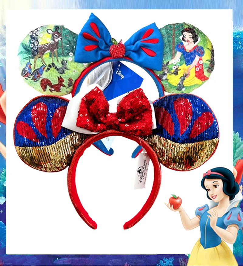 Disney Princess Mickey Mouse Headband Minnie Ear Rapunzel Snow White Sequin Bow Hair Hoop Gift Girl Accessories Christmas Gift - view 2