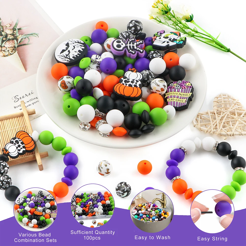 Sunrony 5/10Pcs New Halloween Series Silicone Focus Beads For Jewelry Making DIY Necklace Keychain Accessories Halloween Gifts