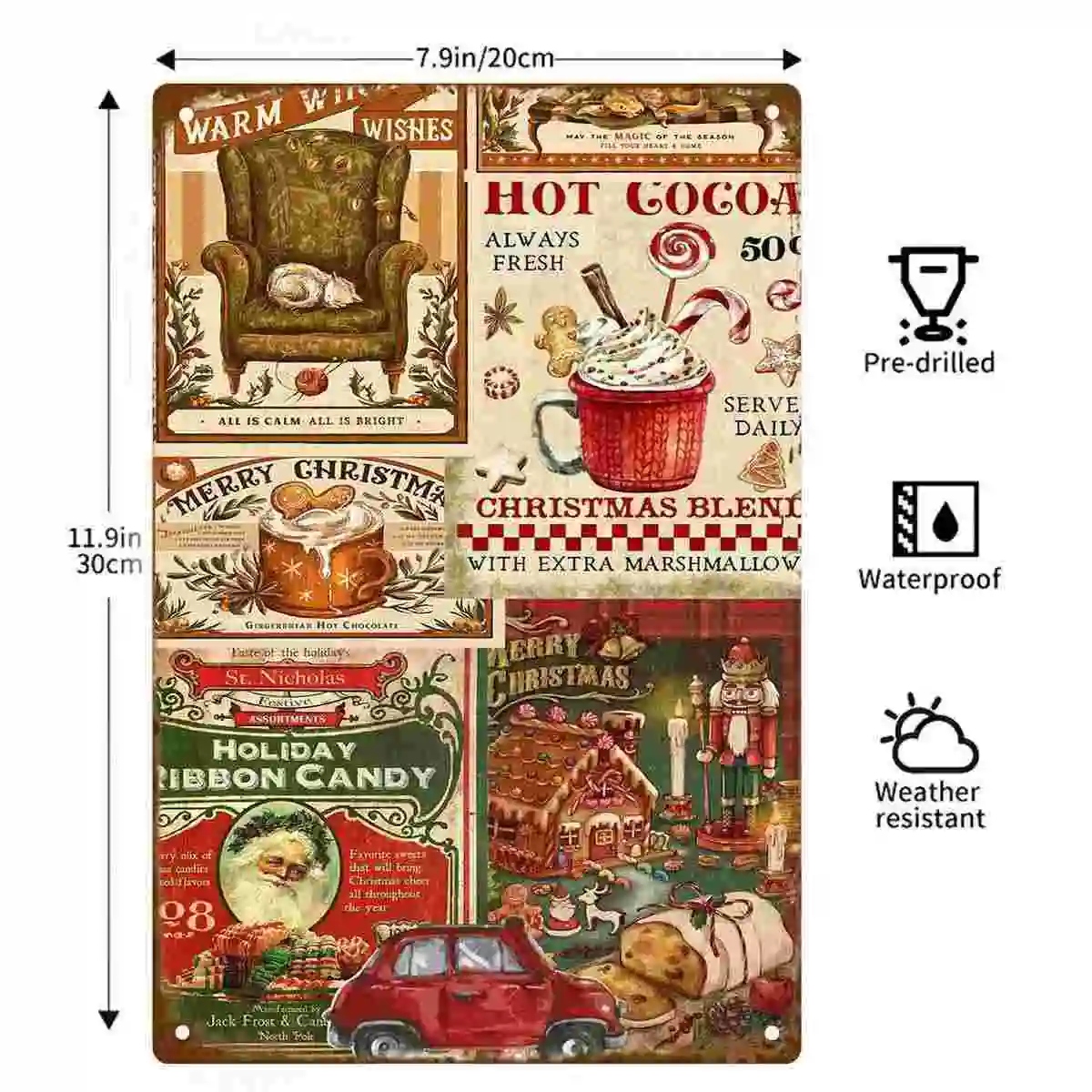 2D FLAT 1pc Vintage Christmas Hot Cocoa Gingerbread Candy Collage Metal Wall Sign Decoration for Home Cafe Kitchen Bedroom Porch