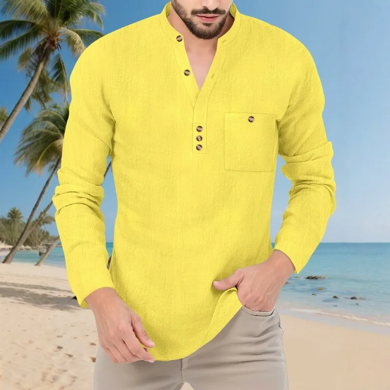 

Men's Autumn Stand-up Collar Long-sleeved Shirt Casual Solid Color Wide Wear Beach Vacation Top