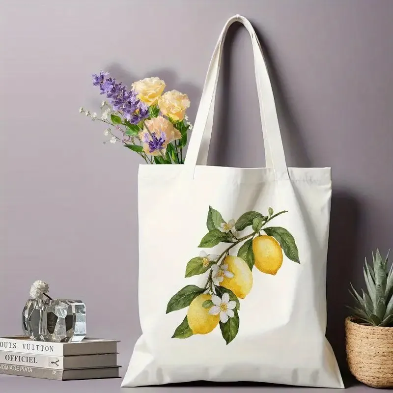 

Lemon Print Canvas Tote Bag Harajuku Style Single Shoulder Bag for Students Casual Shopping Bag