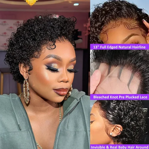 Imagen 2 del producto Peluca de cabello humano Real Pixie, pelucas de encaje transparente 13x1, pelucas de cabello humano de corte Pixie corto para mujeres negras, pelucas de cabello rizado
