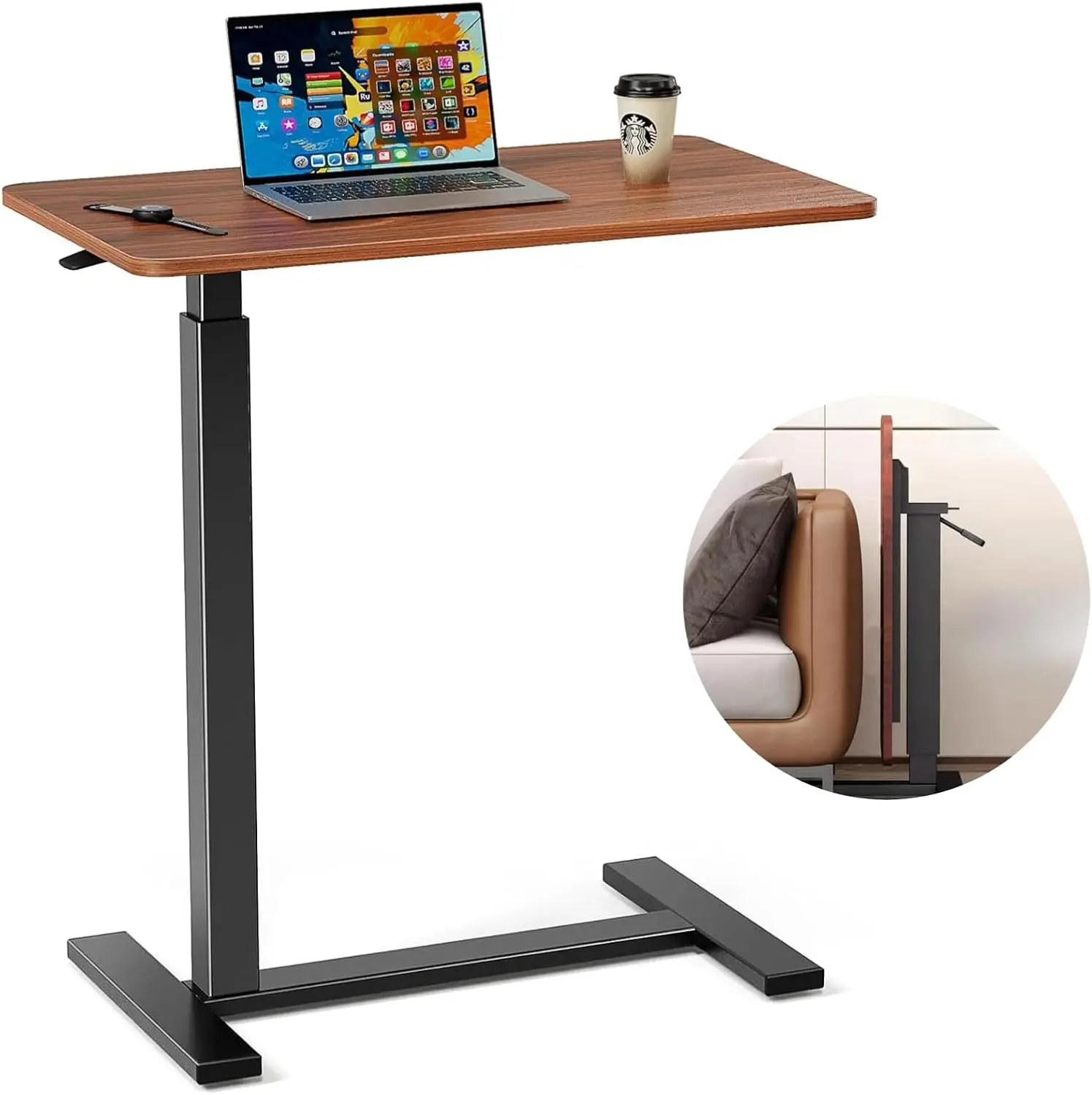 Wood Grain Overbed Table with Swivel Hidden Wheels, Pneumatic Adjustable Height Rolling Laptop Desk, Foldable Hospital Bed Table