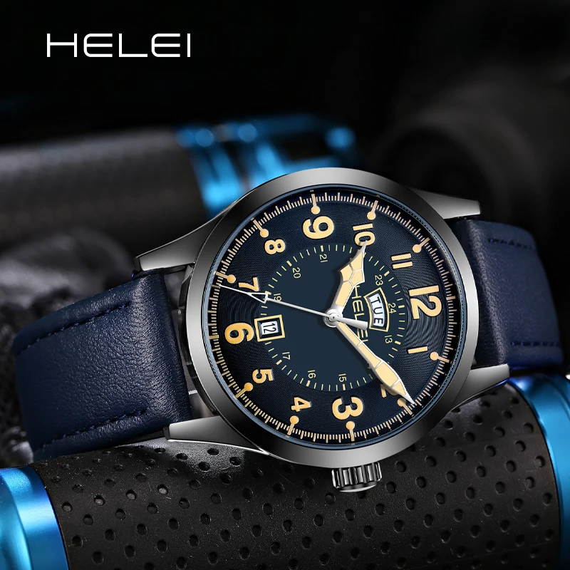 HELEI 2024 New Fashion Leisure Week Date Dial Men's Clock Quartz Movement Male Quartz Watches Men's watches Leather Band Gift