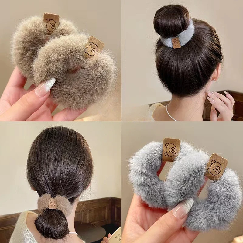 Autumn and Winter Plush Patch Bear Towel Ring Hair Tie Korean Style Hair Accessories Headband Thick High Elastic Hair Rope