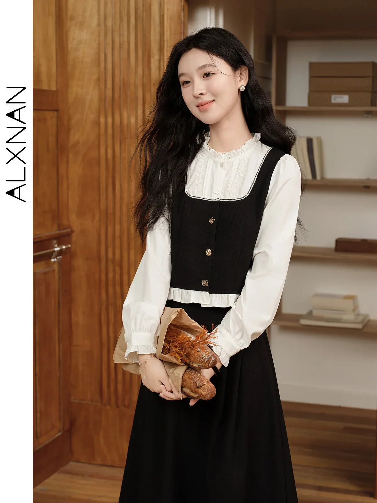 

ALXNAN Women's Shirt Fake Two-piece Black White Long Sleeve Pullover Shirt 2025 Autumn Casual Elegant Office Lady Tops L39653