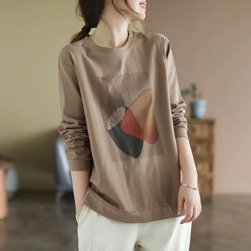 

All-match Spring Autumn Round Neck Pullover Women's Clothing Long Sleeve Geometric Printing T-shirt Flattering Minimalist Tops