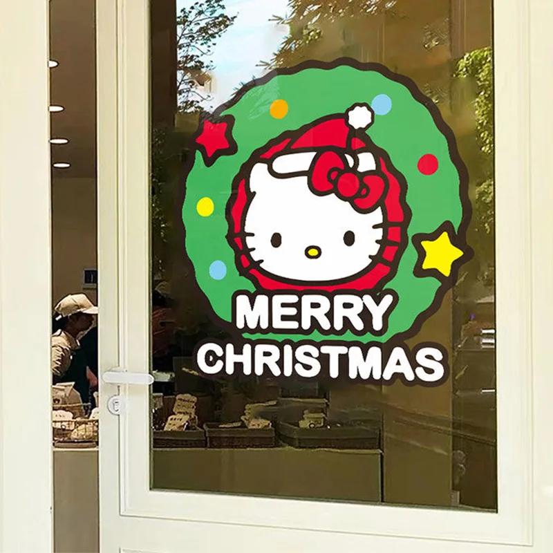 Cute Hello Kitty Christmas Window Stickers Kawaii Anime New Year Glass Showcase Flower Garland Static Electricity Door Sticker