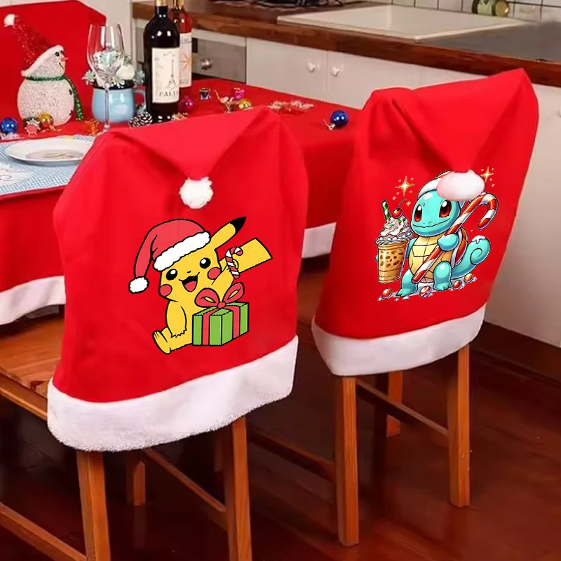Housse de décoration de chaise de noël Pokemons, housse de siège Pikachu de dessin animé, étui de protection décoratif pour chaise de salle à manger, fête de noël