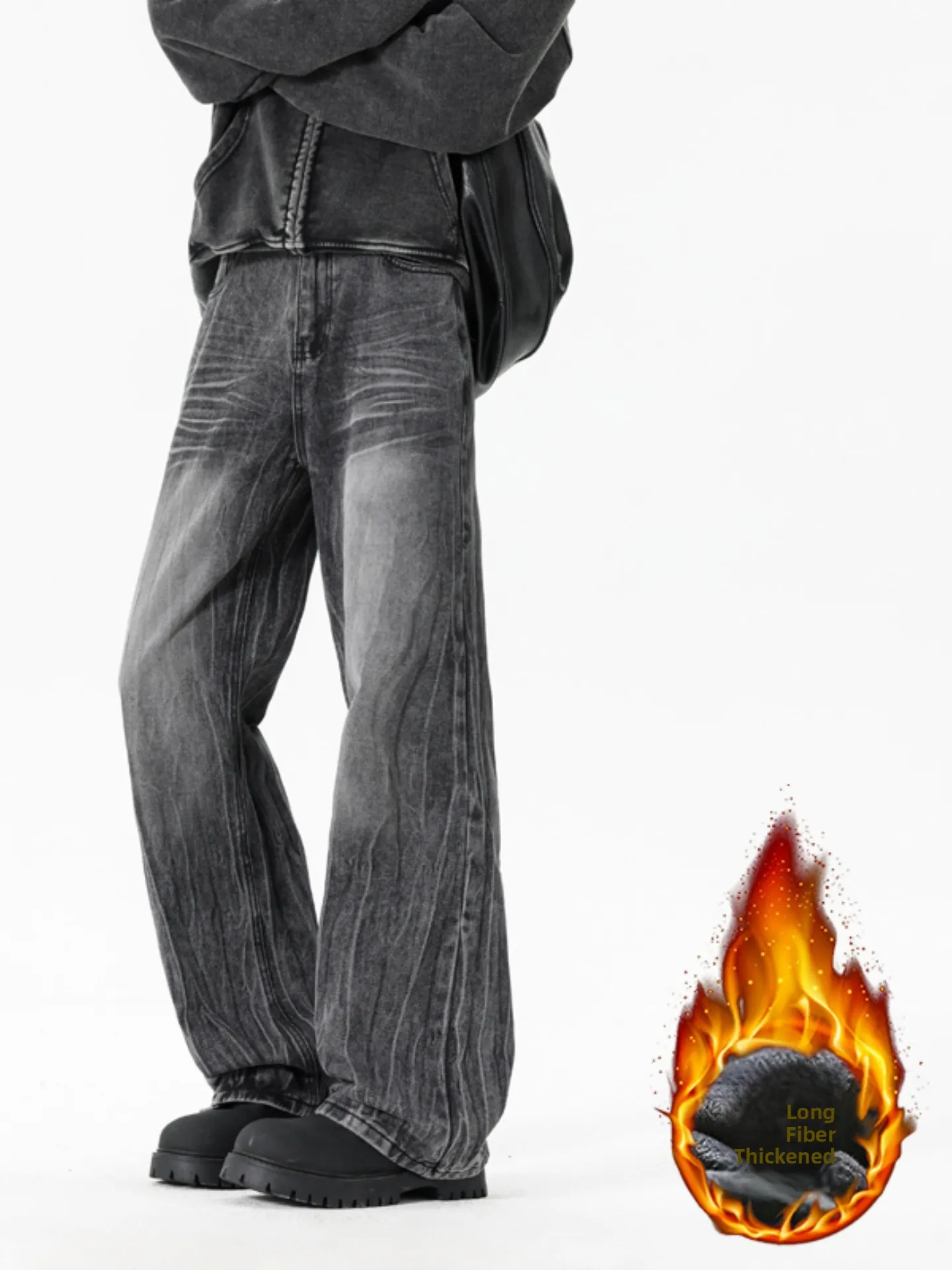 

Thiened Fce Lined Men's Jeans Winter Warm Straight Leg Loose Flared Pants American Retro Sle Thunder Pattern Jeans