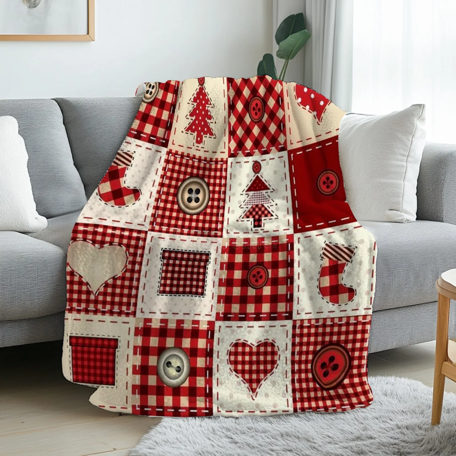 1pc Soft And Warm Burgundy Christmas Patchwork Flannel Blanket - Comfortable Quilted Spread with Plaid And Button-Inspired Desig