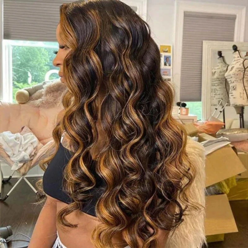 Wig Rambut Asli Brasil Body Wave 13x6, Wig Tanpa Lem 5x5, Pre Cut Lace Wear & Go, Warna Pirang Cokelat Highlight Density 250%, P1B/30