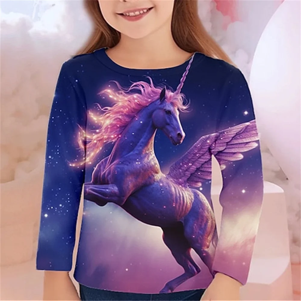 Girl Clothes Horse Graphic T Shirts Children Long Sleeve Top 2024 Girl Summer Child Baby T-Shirt Children\'s Clothing Girls Tees