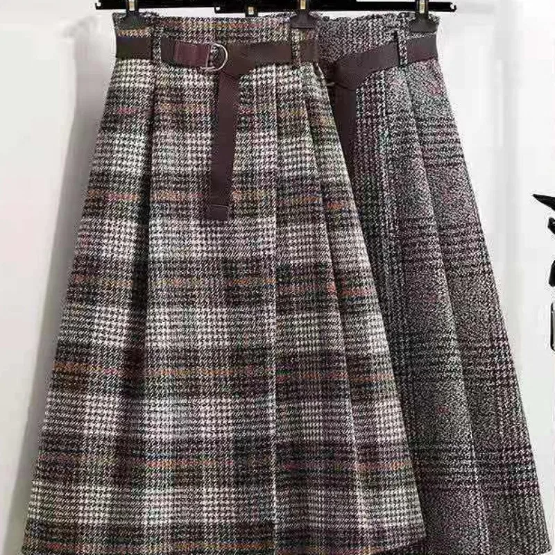 Women‘s Skirt Large Size Tweed Plaid Autumn Winter A-line Mid-length Irregular Pleated Vintage Clothes High Waist Umbrella Skirt