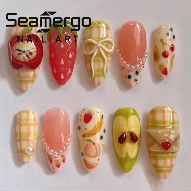 

24PCS Vintage Green Plaid Almond Press on Nails Cute Fruit Bow Sweet Strawberry French Fake Nails for Women Girls Ins Nails Tips