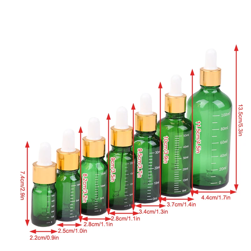 5 ml-100 ml butelki z zakraplaczem ze skalą odczynnik kropla do oczu zielone szkło aromaterapia butelka z pipetą w płynie butelki wielokrotnego użytku podróżne