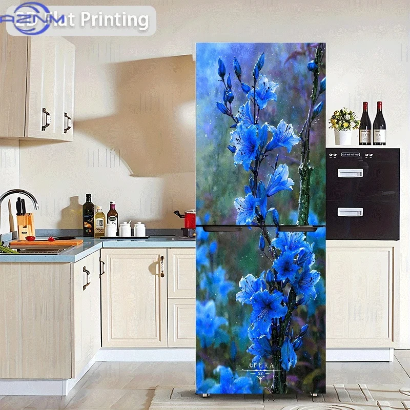 Printed Refrigerator Sticker, Measuring 60X180 Cm, Featuring a Blue Lily Bouquet Design. This Self-Adhesive Wall Decoration Is