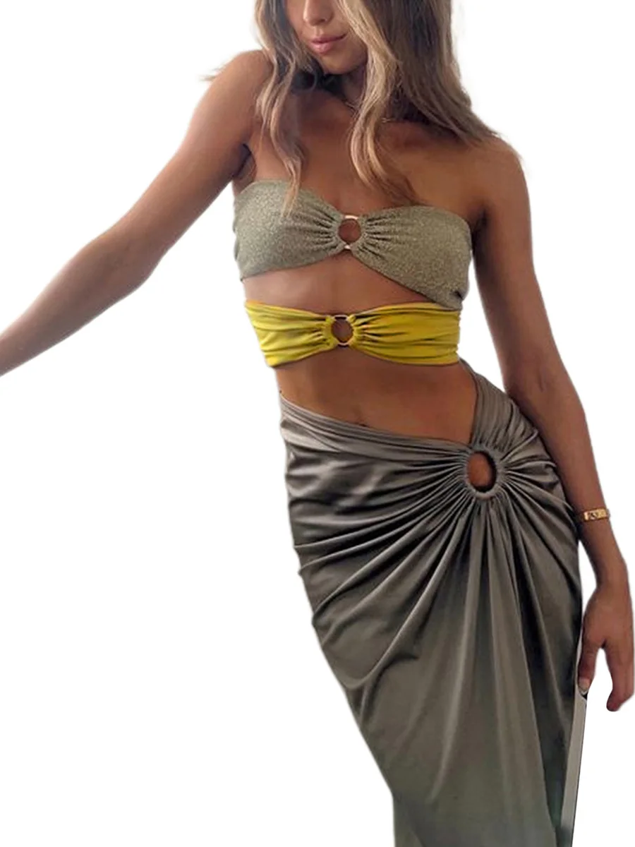 Women Summer 2 Pieces Outfits Glitter Contrast Color Strapless Wrap Chest Tube Tops Irregular Ruched Long Skirts Set