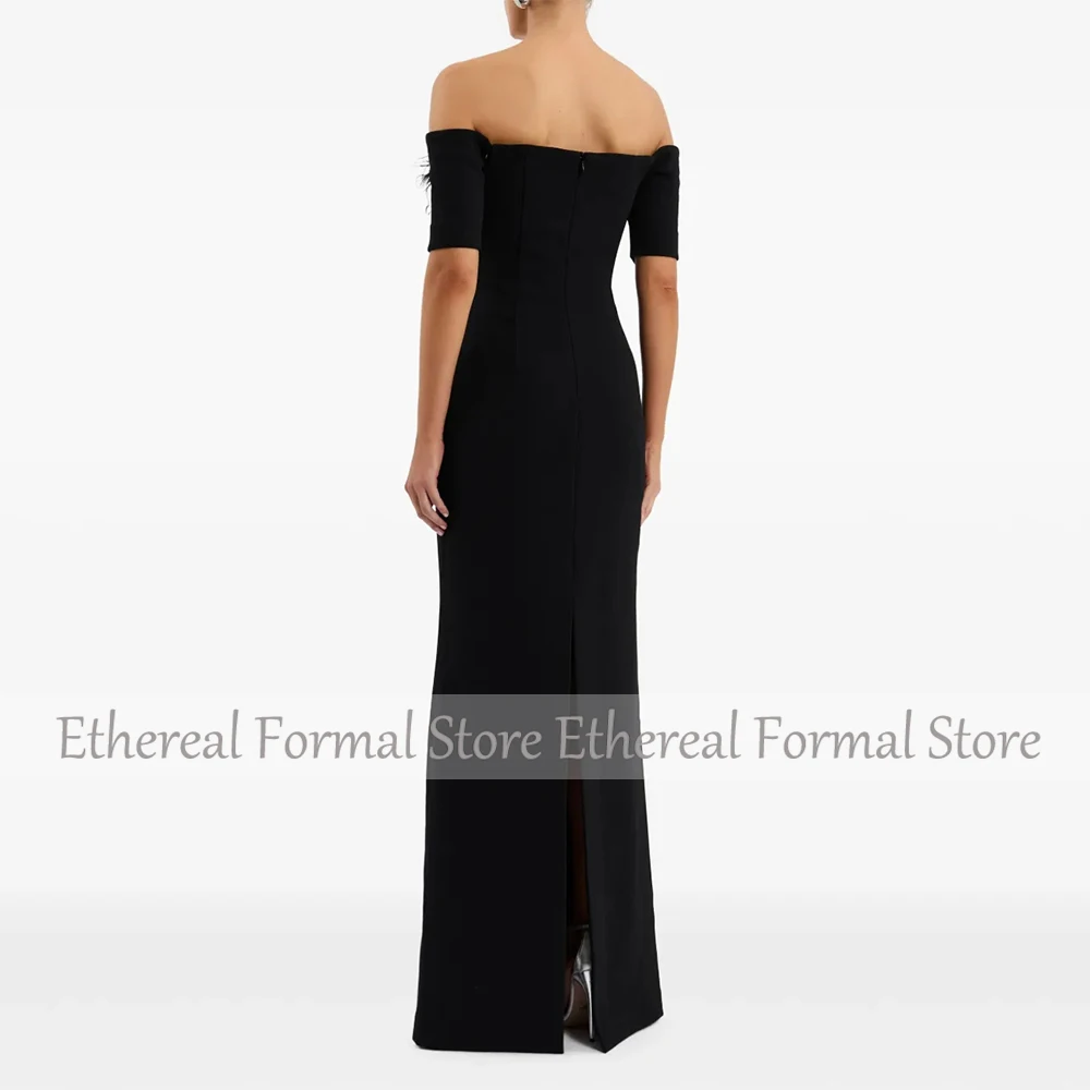 Modern Black Evening Gown For Women Sheath Formal Party Dress Floor Length Saudi Dress Beading Prom Dress With Feather