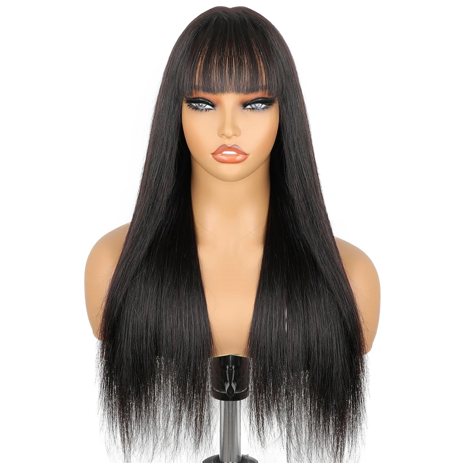 วิกผมผมมนุษย์กับ Bangs ไม่มีวิกผมลูกไม้ด้านหน้าผมมนุษย์ 180% ความหนาแน่นตรงวิกผมเครื่องทําบราซิล Remy ผมสําหรับผู้หญิง