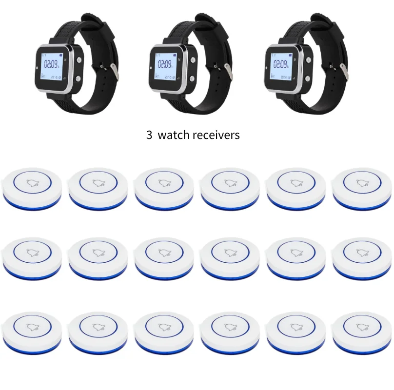 Wireless Service Call System for Restaurants and Nursing Homes Nurse Call System: 18 Call Buttons + 3 Wristwatch-Style Receivers