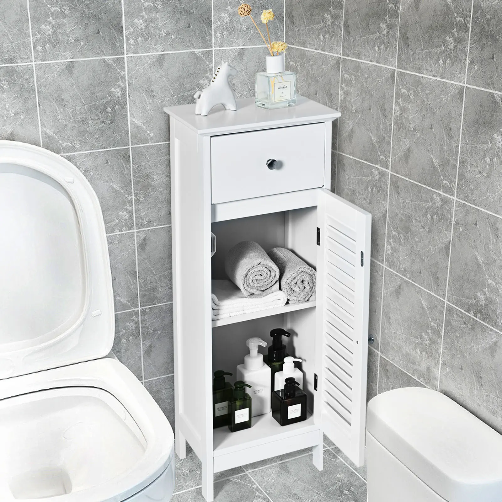 

Bathroom Floor Storage Cabinet Side Wood Organizer w/Drawer Shutter Door