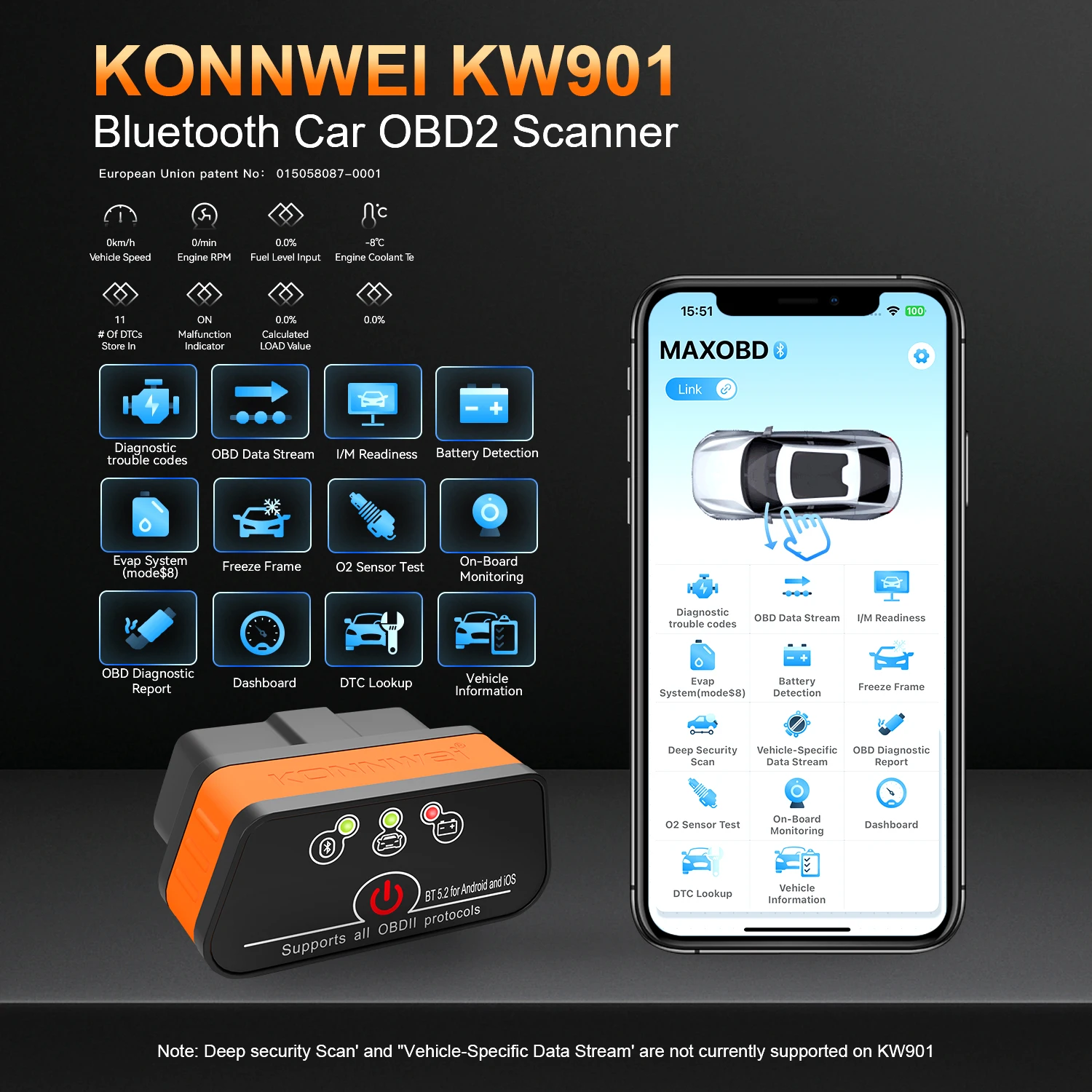 KONNWEI KW901 ELM327 V1.5 Bluetooth5.0 Car Auto OBD2 Scanner Android/IOS Car Diagnostic Tool Code Reader pk Vgate ICAR2