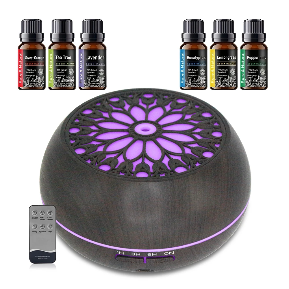 

550ml Essential Oil Diffuser with Auto Timer 7 LED Colors Remote Control 6 Premium Oils Included for Home Humidification