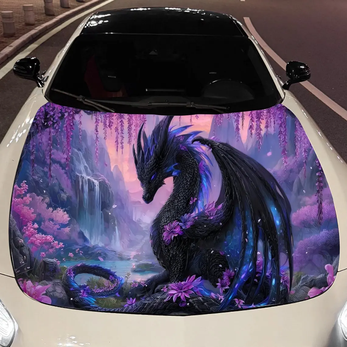 

Pink-Purple Blossoms and Black-Scaled Phantom Dragon Car Vinyl Wrap, PVC Material Waterproof Car Hood Sticker, Self-Adhesive Scr