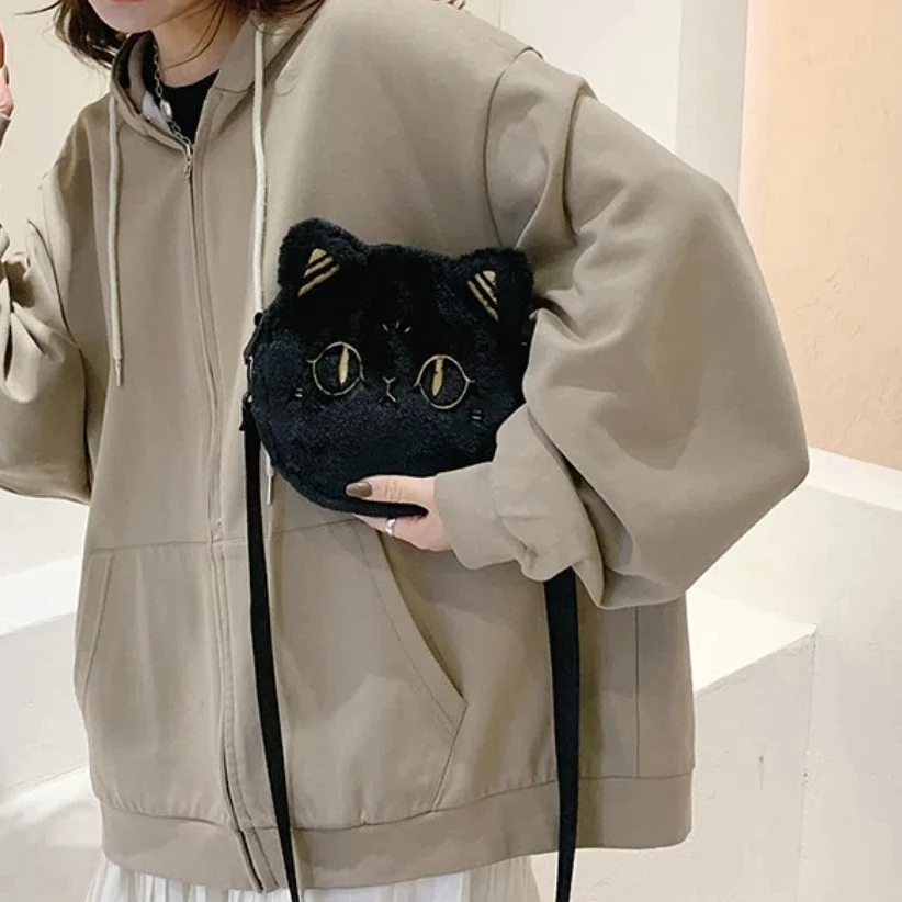 Cartoon Cat Plush Single Shoulder Bag Embroidered Black Small Round Bag Bag Cute Korean Style Crossbody Sling Bag Women