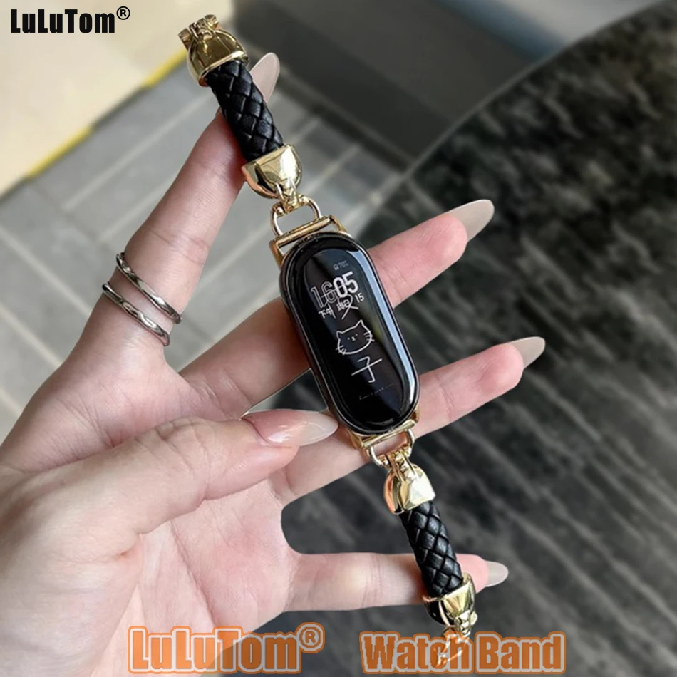 Strap For Xiaomi Mi Band 10 9 8 Pro Fashion INS Leather Braided Texture Watchband For Miband 8Pro 9 Pro Metal Bracelet Wristband