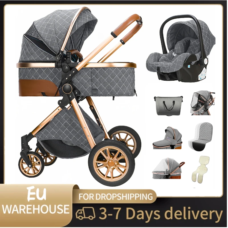 Luxurious Baby Stroller 3 in 1 Portable Travel Baby Carriage Folding Prams High Landscape Aluminum Frame Car for Newborn Baby