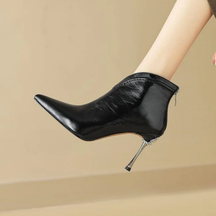 Chic Black Genuine Leather Women Boots Crystal Iron Thin High Heels Dress Work Stilettos Back Zipper Autumn Botas Zapatos Femmes