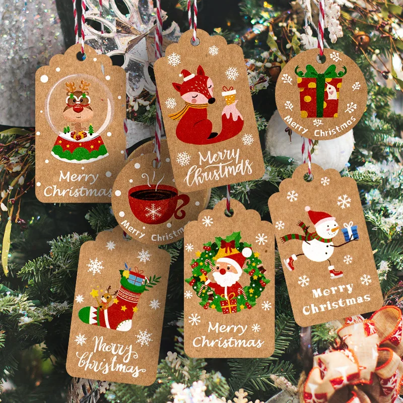 50PCS Christmas Kraft Paper Tags Santa Claus Fox Retro Gift Tag with String Xmas Party Present Wrap and Label Package Name Card