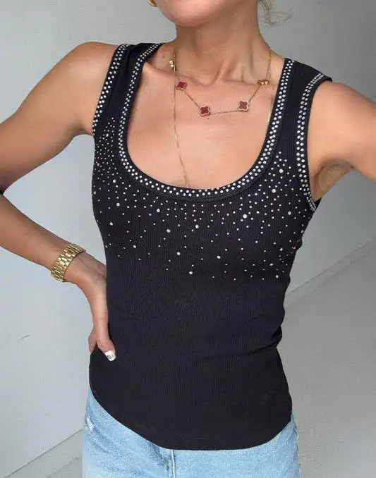 

Tailored Women's Vest with Summer Rhinestone Decal Decoration, Fashionable and Elegant Round Neck Knit Vest Suitable for Parties