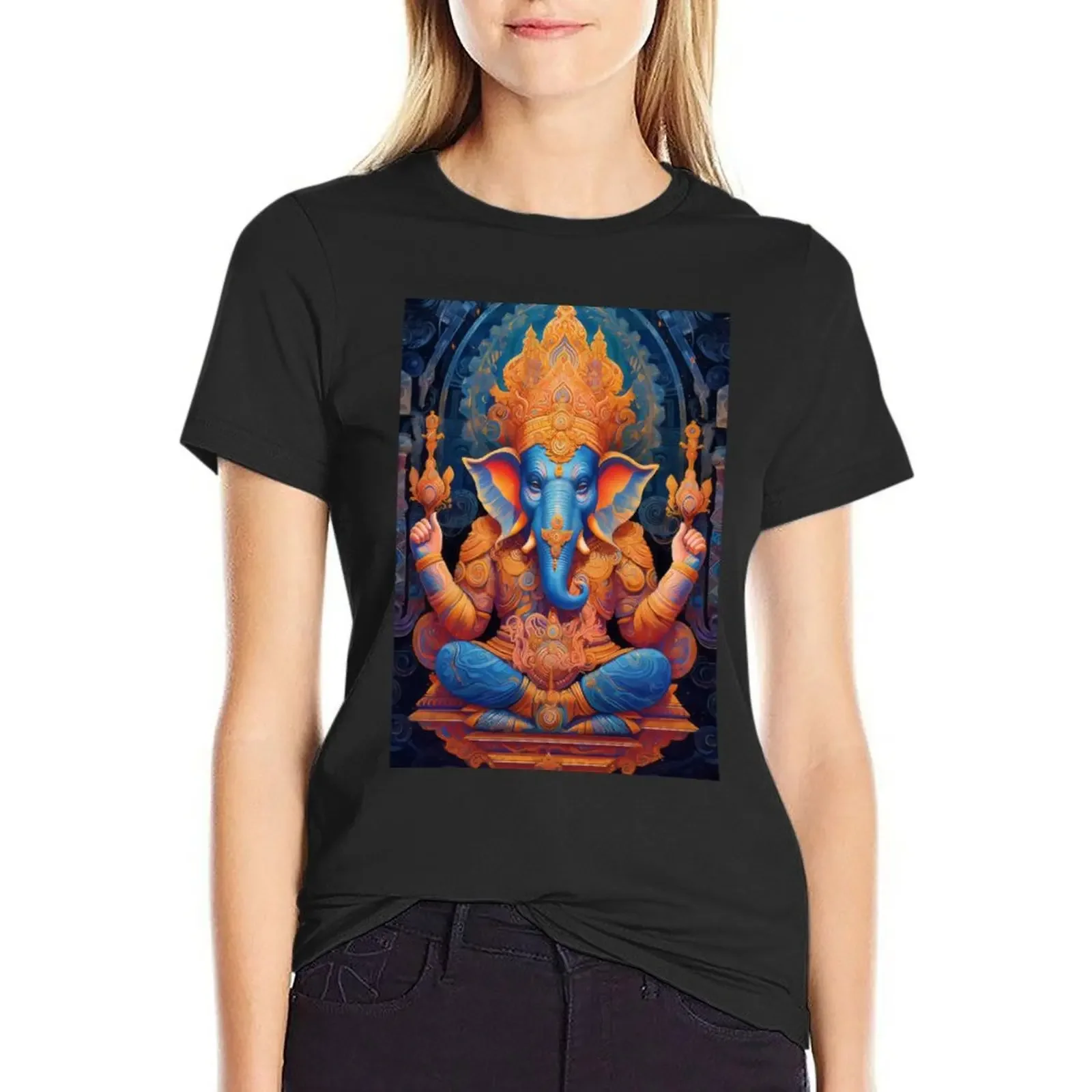 

Divine Vigor: Geometric Digital Painting of Ganesh Art Print T-Shirt customs design your own plain animal prinfor Top Women