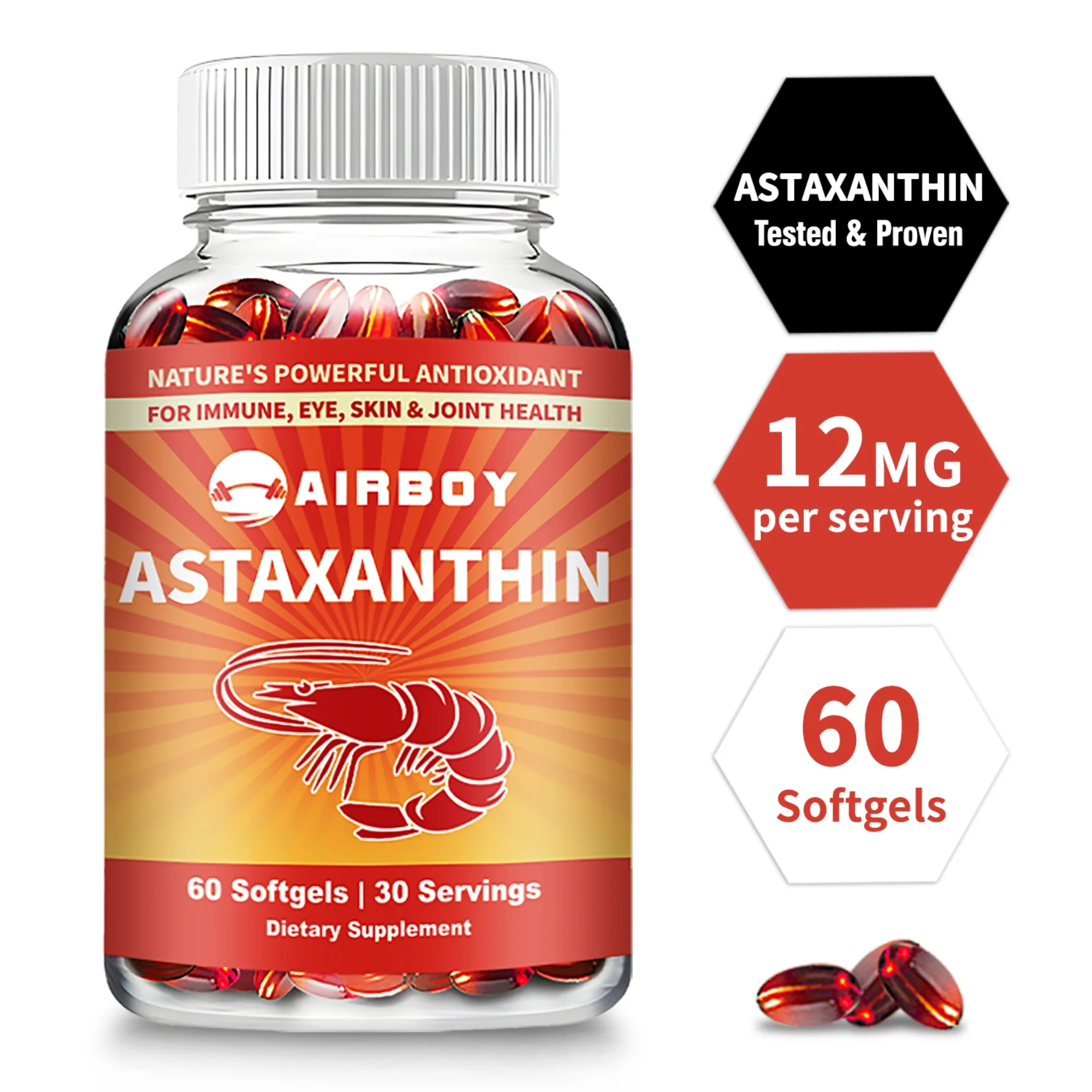 

Astaxanthin 12mg - Promotes Cardiovascular Health and Accelerates Metabolism Supporting Eye, Joint & Skin Health - 60 Capsules
