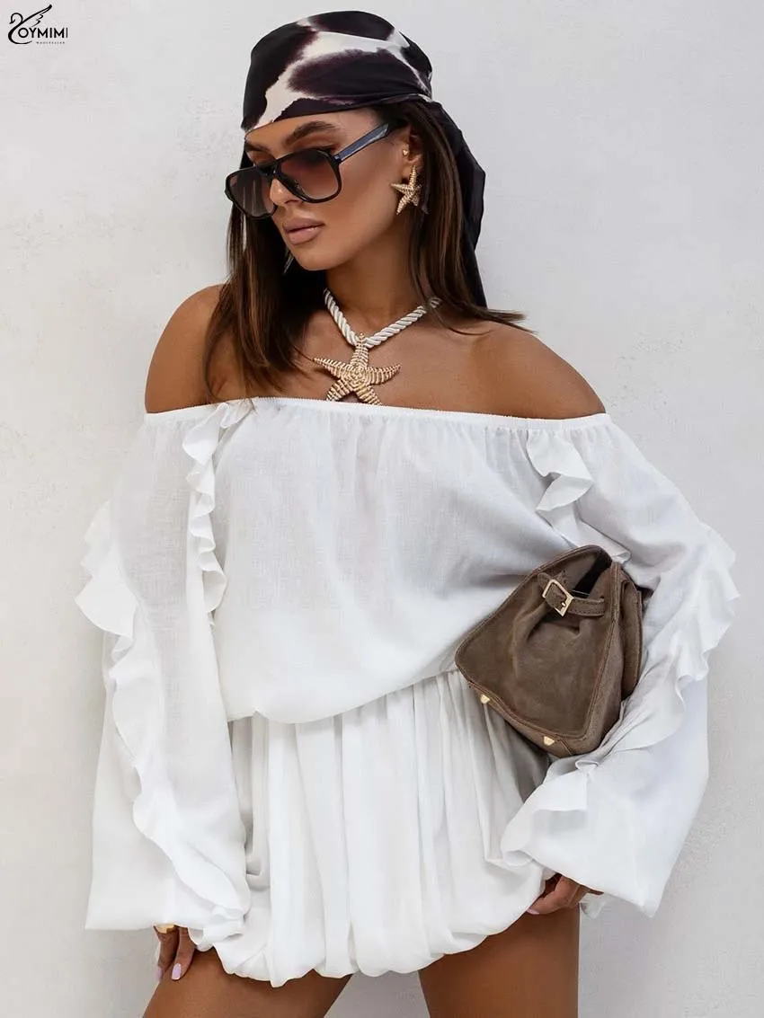 طقم مكون من قطعتين من القطن الوردي على الموضة من Oymimi للسيدات أنيق بدون حمالات وأكمام طويلة مكشكشة ومجموعة تنانير صغيرة بطيات عالية الخصر #6