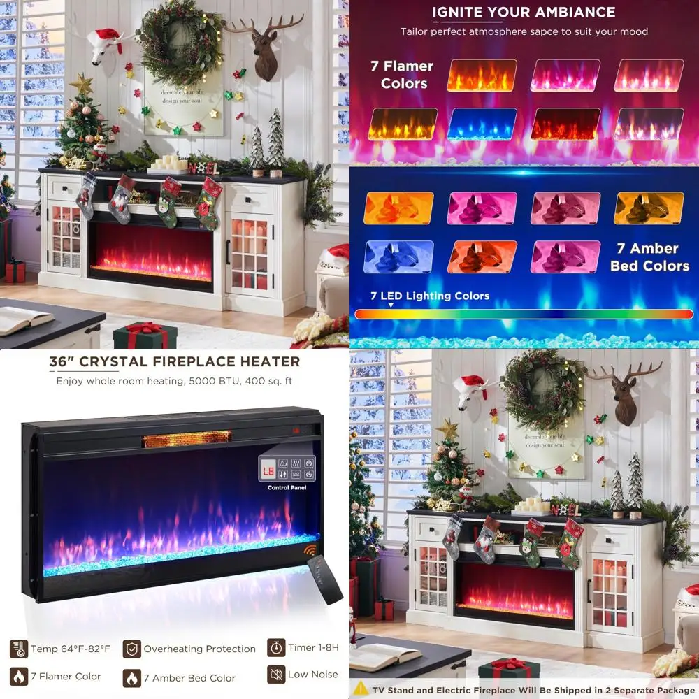 

Farmhouse Style Entertainment Center with 36 Electric Fireplace and LED Lights for 80 TVs