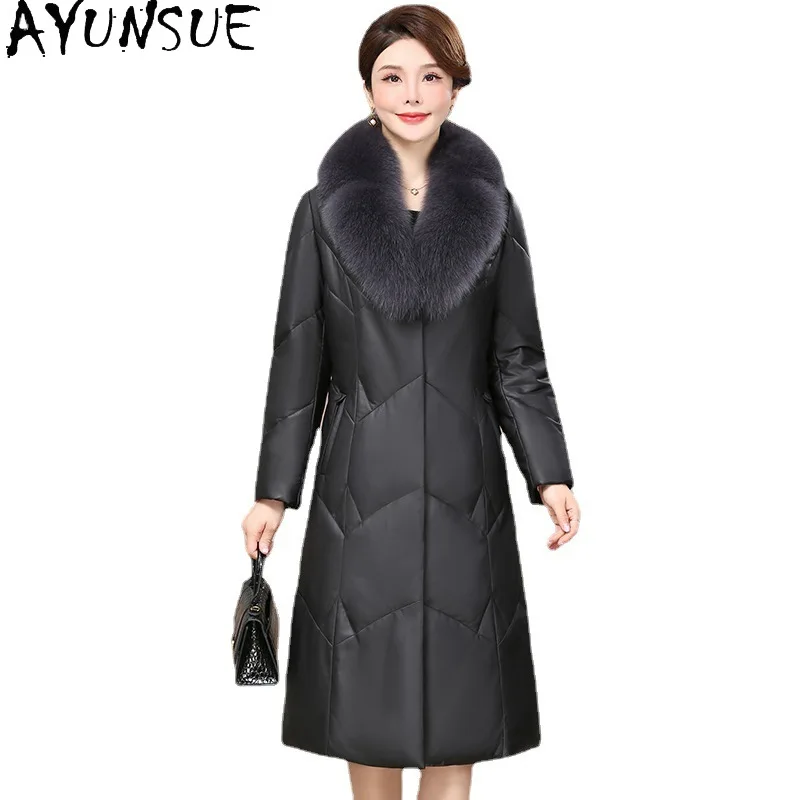 AYUNSUE Rea Schaffell Echtes Leder Unten Jacke Frauen Winter Kleidung 2025, Fuchs Pelz Kragen Weiße Ente Unten Mäntel Jaqueta Couro