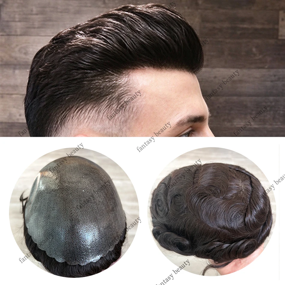 Men Toupee Human Hair Indetectable Hair System 1b Full Thin Skin Base Natural Hairline Super Durable Affordable Hair Prosthesis