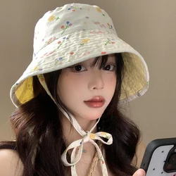 Ins Sweet Double-sided Strap Bucket Hats Show Face Small Summer Japanese Retro Literary Floral Versatile Sunscreen Women's Caps