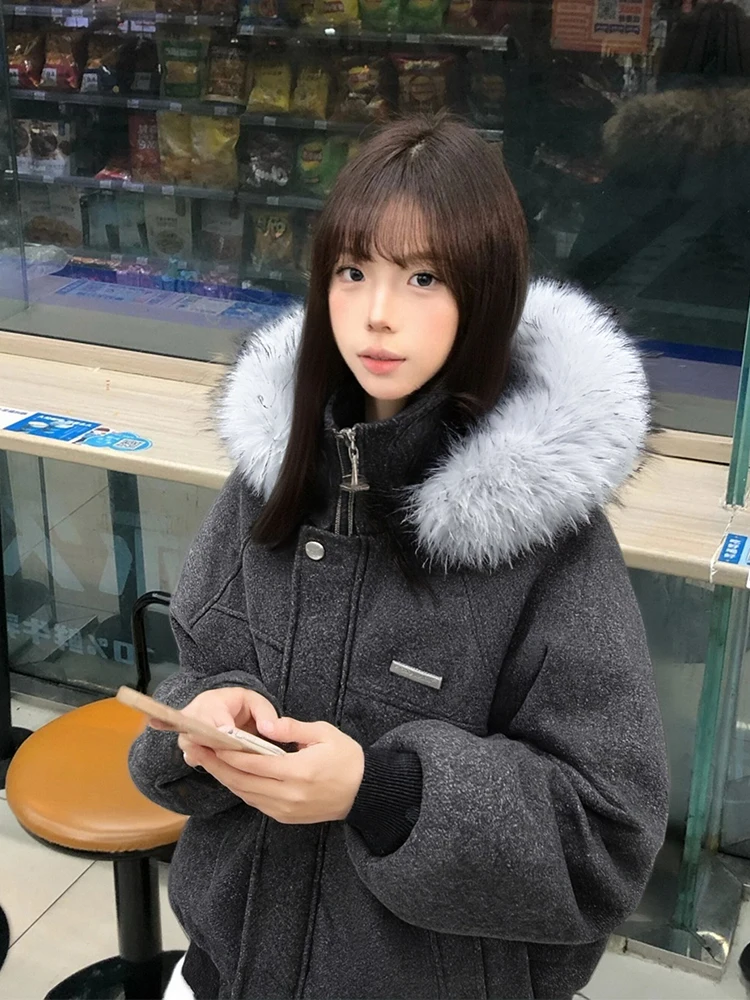 

Deep ey Hooded Woolen Jaet Men Women Winter ort Thiened Fce Lined Warm Fur Collar Cotton Coat Youth Faion