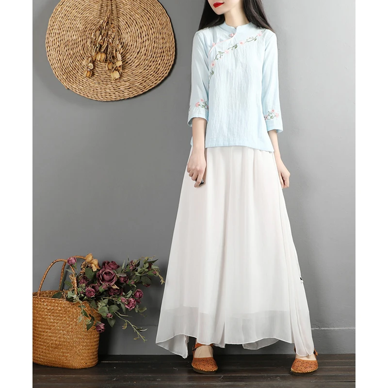 Summer Tea Clothes For Women Korean Fashion Long Sleeve Top Vintage Hanfu Cotton Linen Shirt Bracelet Sleeve Ethnic Style Blouse