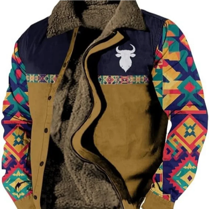 Men's Aztec Pattern Fleece Lined Jacket Warm Sherpa Collar Button Down Winter Coat