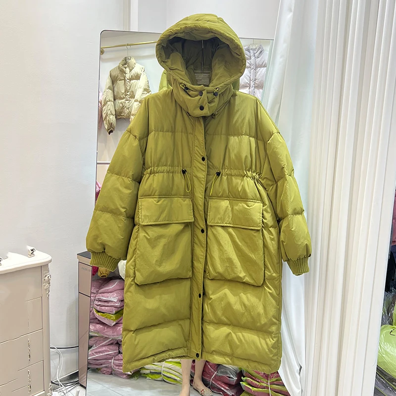 الشتاء -15 ° سترة طويلة بغطاء للرأس دافئة للنساء بسحاب سميك وجيب كبير ملابس خارجية للنساء سترات بيضاء بطول الركبة من باركر #1