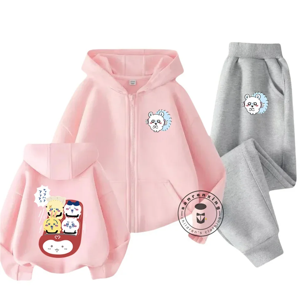 Chiikawa Children Zipper Hoodie Set Cartoon Print Autumn and Winter Long-sleeved Sweatshirt Boys and Girls Casual Cute