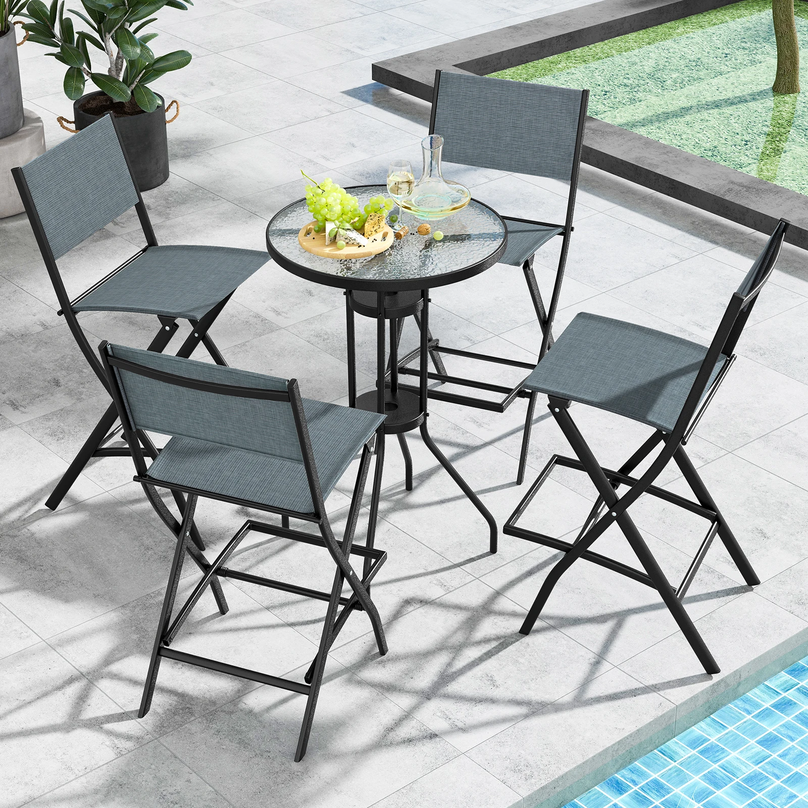 Set of 2 Outdoor Bar Stools, Folding Bar Chairs with Backrest and Footrest, Counter Stools up to 150 kg, Seat Height 71 cm
