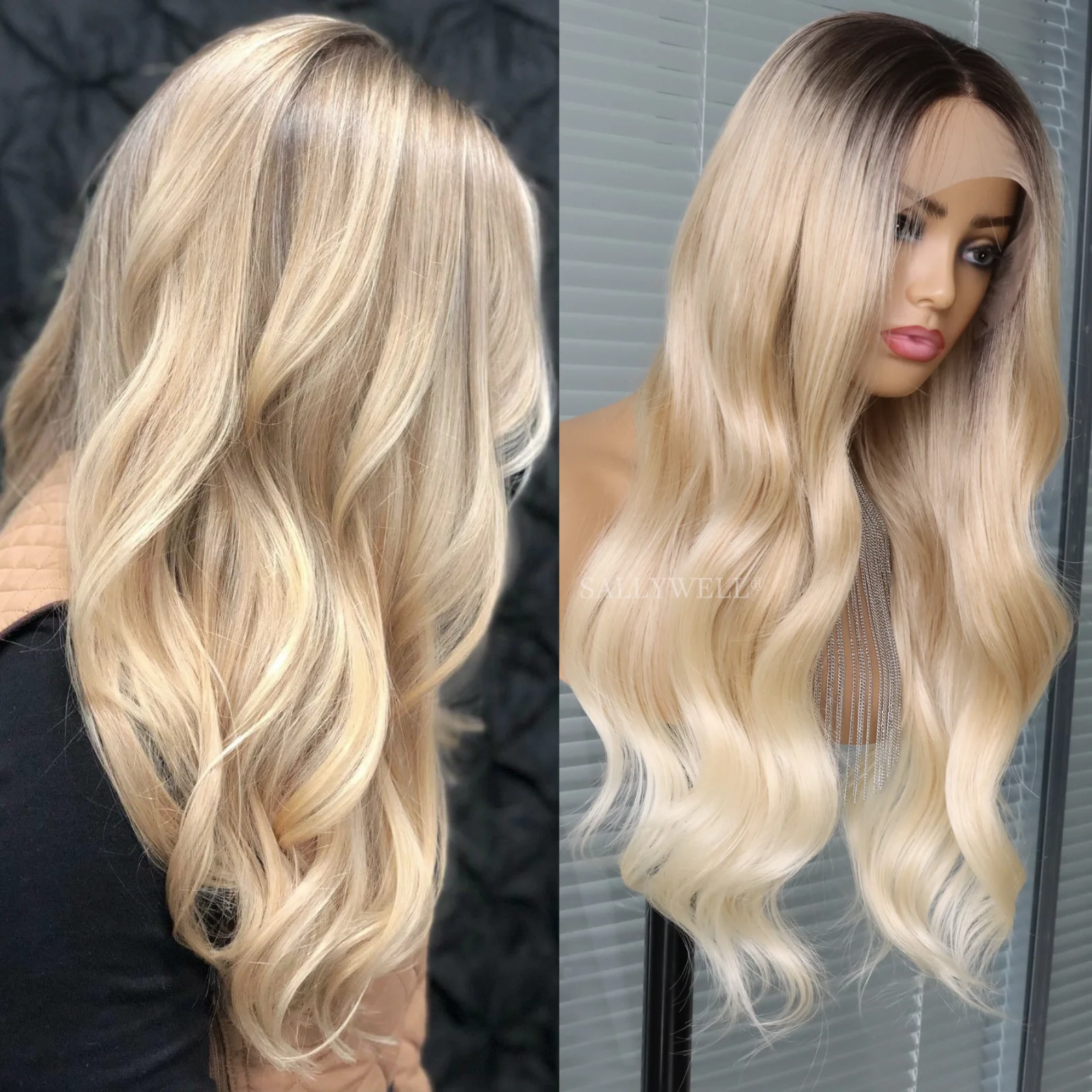 Ombre Blonde Lace Front 13*4 Wigs  Gluless Lace Synthetic Wigs Long Natural Wavy Wigs with Baby Hair Pre Heat Resistant Fiber