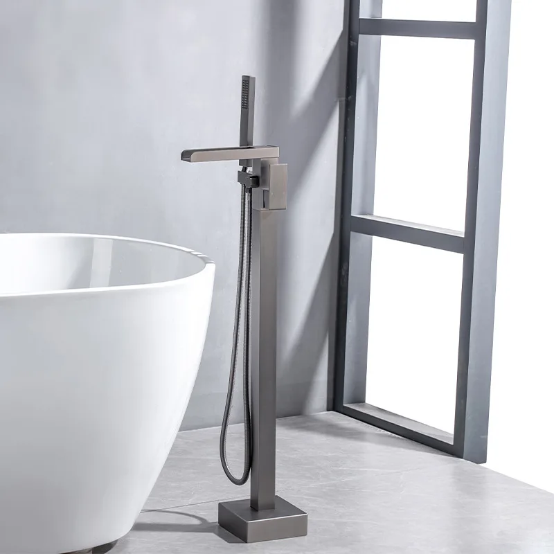 Brushed Gray Brass Waterfall Floor Mounted Bathtub Faucet With Handheld Shower Head Hot And Cold Water Mixer